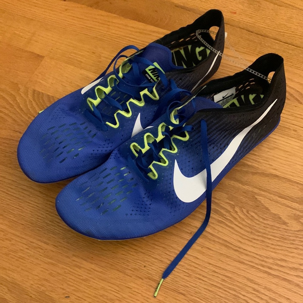 NIKE Distance Racing Zoom Victory shoes. Blue and neon yellow.